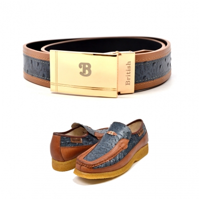 Matching Belt for Style - "Harlem"  Cognac/Blue Ostrich Leather